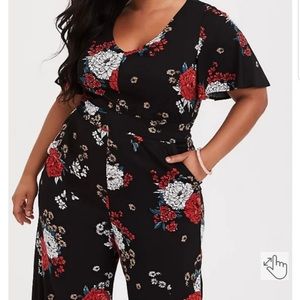 Black floral challis jumpsuit